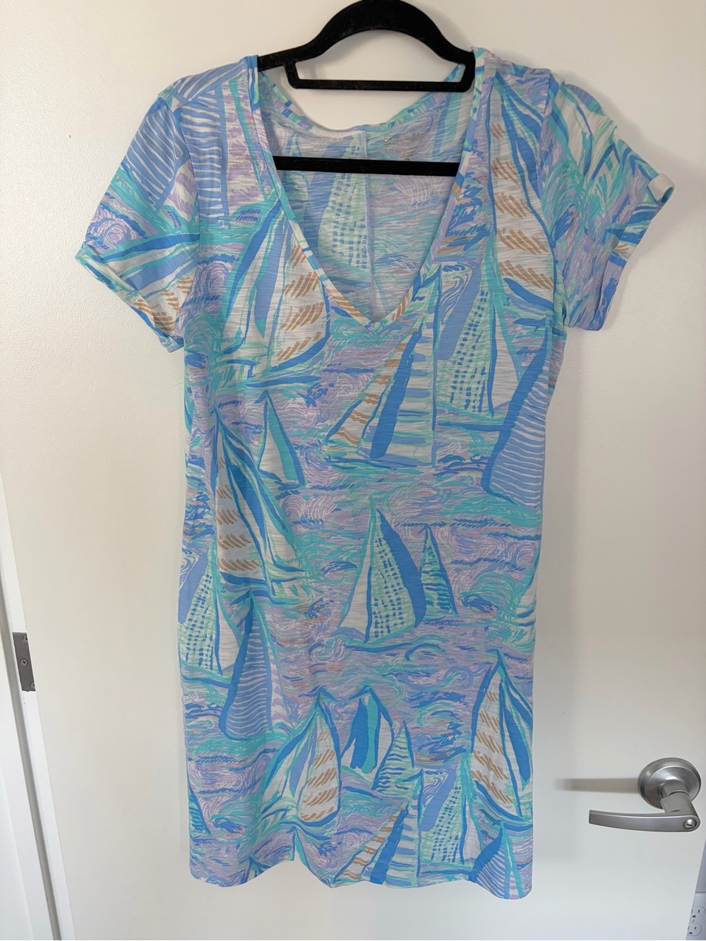 Lilly Pulitzer Sailboat Print V-Neck Dress in Aqua, Mint & Light Blue